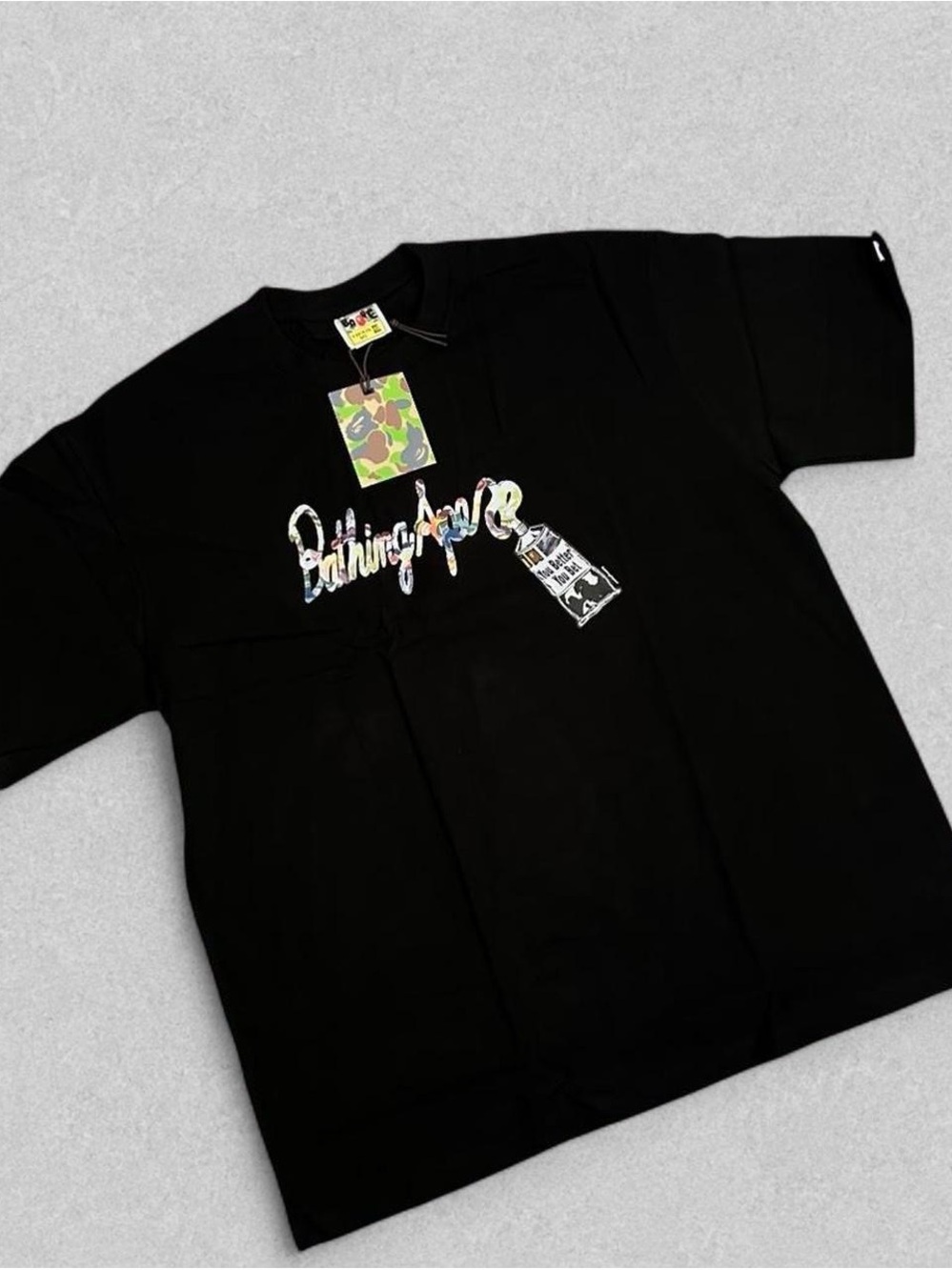 Bape Black Tee with Multicolor Camo Logo